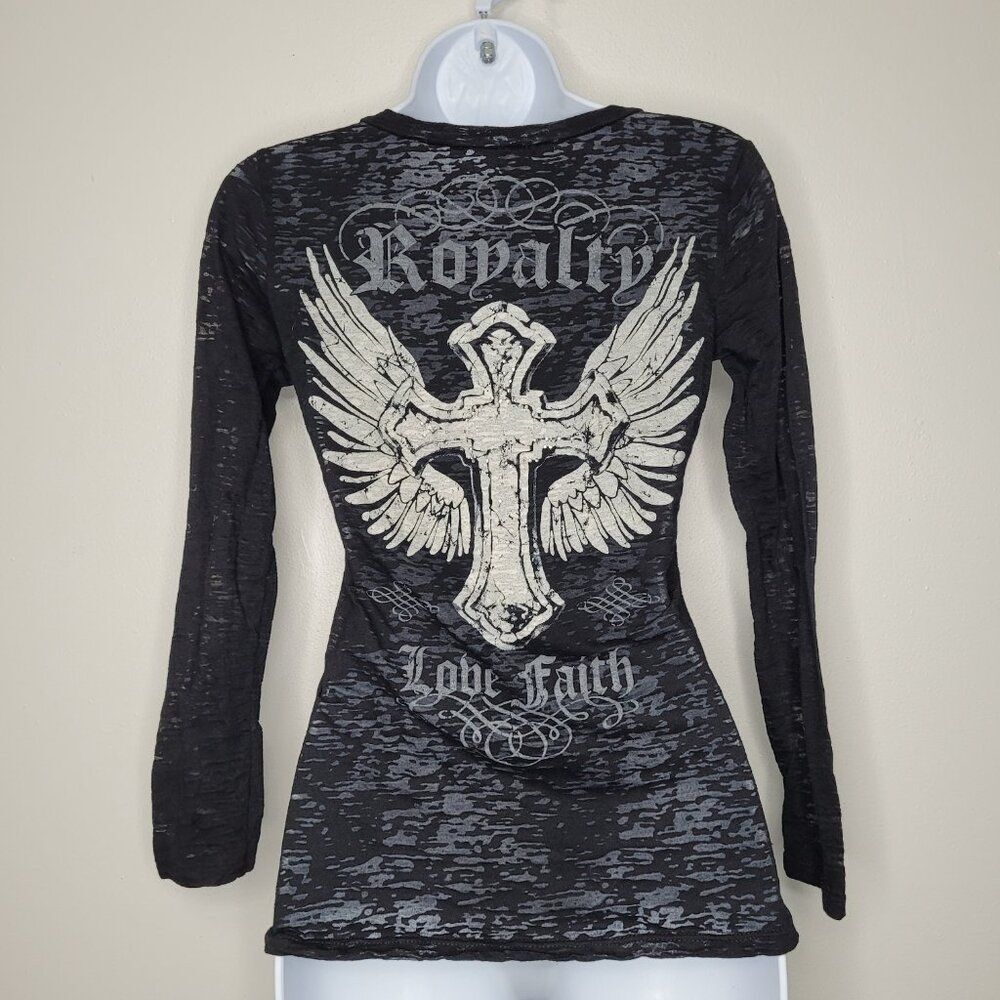 Y2k Cotty On black semi sheer burn out cyber grunge goth wings cross shirt med